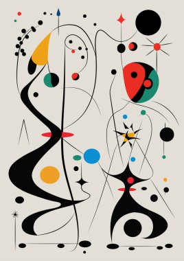 Joan Miro tarzında gerçeküstü sanat illüstrasyonu. Geometrik Şekillerle Soyut Boyama. Vektör.