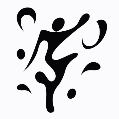 Akan şekiller ve minimalist tarzla yaratılmış dans eden bir figürün soyut siyah-beyaz çizimi.