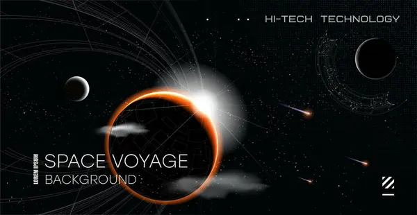 Poster, bayrak ya da arka plan için uzay, gezegen ve galaksinin vektör çizimi. Geleceğin soyut çizimleri, bilim kurgu ve astronomi.