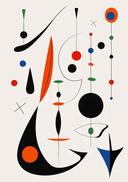 Joan Miro tarzında gerçeküstü sanat illüstrasyonu. Geometrik Şekillerle Soyut Boyama. Vektör.