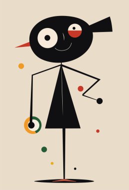 Joan Miro 'nun Geometrik Şekillerle Çizim tarzında bir çizgi film karakteri. Vektör.