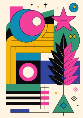 Soyut geometrik arkaplan. Bauhaus, Memphis minimalist retro poster grafik çizimi. Kare ve yuvarlak şekillerin soyut modayı.