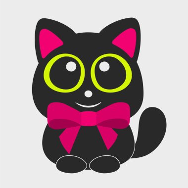 Fiyonklu kara kedi. Boynunda kırmızı bir fiyonk olan zarif siyah kedi. Düz çizgi film tasarımı. EPS-10.