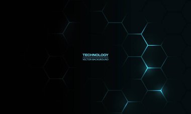 Siyah altıgen teknoloji vektörü soyut arka plan. Modern teknoloji fütüristik arka plan illüstrasyonunda altıgen altında mavi parlak enerji parlamaları. Siyah bal peteği desen ızgarası.
