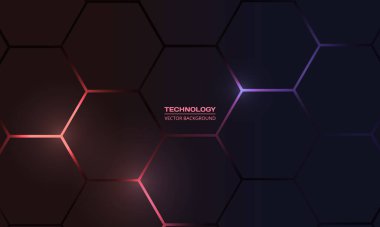 Dark hexagon abstract technology background with red and violet colored bright flashes under hexagon. Hexagonal gaming vector abstract tech background.