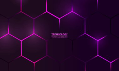 Dark violet and purple hexagonal technology vector abstract background Purple bright energy flashes under hexagon in modern technology futuristic background illustration. Dark violet honeycomb texture