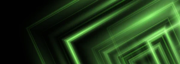 Black Wide Abstract Background Green Neon Shapes Futuristic Banner Green — стоковый вектор