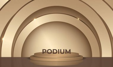 Altın kemerli bir stüdyo odasında 3D gerçekçi podyum. Ödül töreni ya da kozmetik ürün tanıtım satışları ve pazarlama için 3 boyutlu sunum. Vektör illüstrasyonu