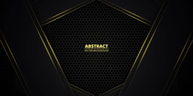 Altıgen karbon fiberli siyah ve sarı soyut vektör arkaplanı. Bal peteği şebekesi ve sarı parlak çizgileri olan teknoloji geçmişi. Gelecekçi lüks modern arkaplan.