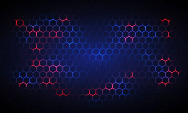 Σκούρο Εξαγωνικό Διάνυσμα Τεχνολογίας Αφηρημένο Υπόβαθρο Μπλε Και Κόκκινο Φωτεινές — Διανυσματικό Αρχείο