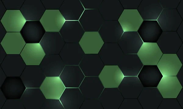 Hexágono Verde Escuro Tecnologia Abstrato Vetor Fundo Com Luz Verde —  Vetores de Stock