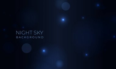 Bokeh ışık efektli mavi gece gökyüzü. Geceyarısı yıldızlı gökyüzü ile özetlenmiş gerçekçi bir arka plan. Vektör illüstrasyonu