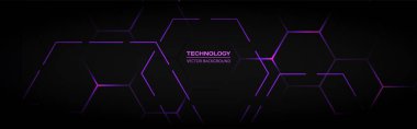 Mor altıgen elementlere sahip teknoloji siyah geniş vektör soyut arkaplan. Soyut altıgen oyun yatay afişi. Vektör illüstrasyonu