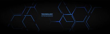 Soyut siyah ve mavi altıgen vektör teknolojisi arka planı. Mavi bal peteği ve altıgen çizgileri olan geniş yatay bir pankart. Vektör illüstrasyonu