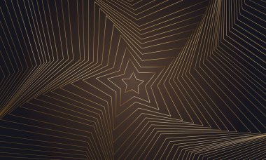 Soyut lüks altın yıldız, kahverengi arkaplandaki çizgilerden şekillenir. Vektör 3d illüstrasyon.