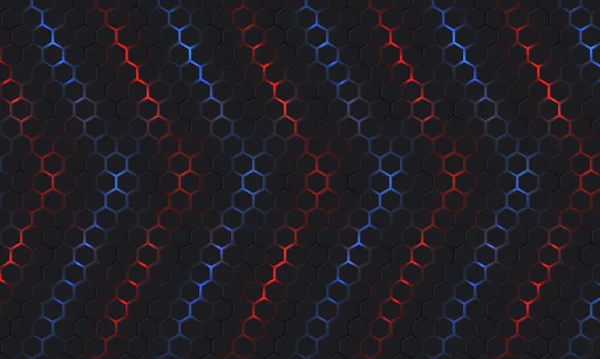 Escuro Hexágono Abstrato Tecnologia Fundo Com Azul Vermelho Colorido Brilhante — Vetor de Stock