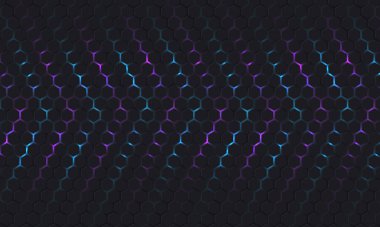 Mor, pembe ve mavi renkli parlak okları olan koyu altıgen soyut teknoloji arka planı. Vektör altıgen oyun soyut teknoloji arka planı.