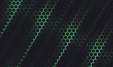 Karanlık altıgen teknoloji vektörü soyut arka plan. Fütürist illüstrasyon modern teknoloji arka planında altıgen altında yeşil parlak enerji parlamaları. Koyu bal peteği desen ızgarası.