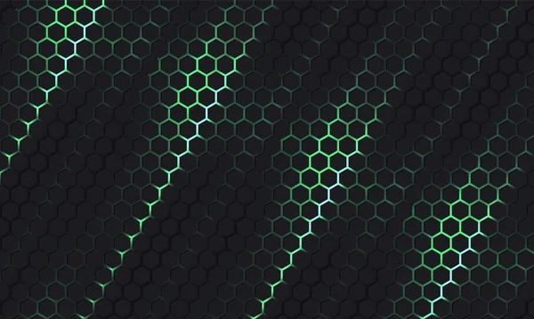 Dark Hexagonal Technology Vector Abstract Background Green Bright Energy Flashes — Stock Vector