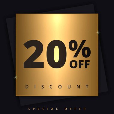 İndirimli pankartta 20 indirim. % 20 indirimli özel teklif. İndirim teklifi. Altın kare ve siyah arka planda% 20 indirimli lüks tanıtım afişi. Vektör illüstrasyonu