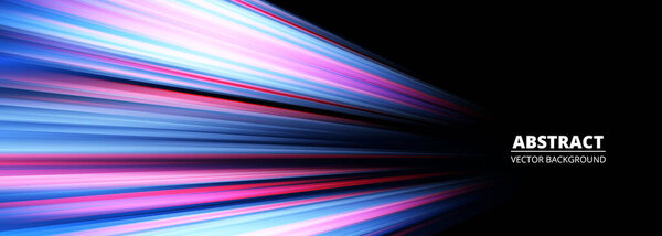 Черно-синий широкий современный абстрактный технологический фон с светящимся высокоскоростным и движущимся синим и розовым светом. Векторная иллюстрация