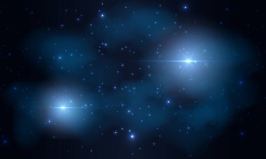 Dış uzayı ve parlak yıldızları olan gerçekçi kozmos vektör arka planı. Gelecekteki uzay galaksisi veya gece yıldızlı gökyüzü çizimi.