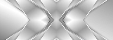 Soyut geometrik geniş metalik zemin, gümüş eğimli çizgiler, çerçeve, oklar ve gölgeler. Zarif, hafif, gümüş renkli, geniş pankart. Vektör illüstrasyonu