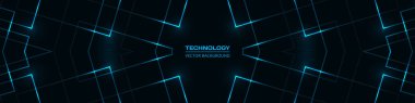 Mavi parlak çizgileri olan siyah soyut teknoloji fütüristik geniş afiş arkaplanı. Vektör illüstrasyonu