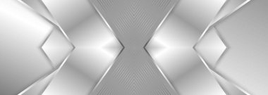 Zarif, hafif, gümüş renkli, geniş pankart. Soyut geometrik geniş metalik zemin, gümüş eğimli çizgiler, çerçeve, oklar ve gölgeler. Vektör illüstrasyonu