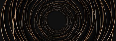 Merkezinde siyah geniş bir arka planda gölgeler olan altın halkalar. Siyah ve altın renkli soyut geometrik kraliyet modern moda soyut afiş. Vektör illüstrasyonu