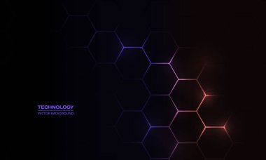 Altıgen altında mor ve şeftali rengi parlak parıltılı koyu altıgen soyut teknoloji arka planı. Altıgen oyun vektörü soyut teknik arkaplan.