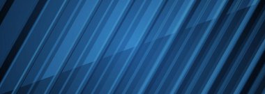 Koyu mavi soyut modern arka plan ve mavi üç boyutlu çizgiler. Fütürist teknoloji konsept afiş tasarımı. Geometrik çizgiler desenli vektör illüstrasyonu yatay geniş arkaplan.