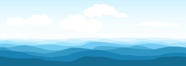 Mavi okyanus ya da deniz dalgaları. Gerçekçi vektör okyanus dalgaları ve geniş arkaplanlı bulutlu gökyüzü. Soyut mavi deniz dalgaları. Vektör illüstrasyonu