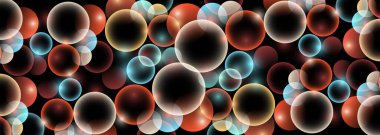 Vektör 3 boyutlu renkli çemberler soyut arkaplan. Dinamik sıvı renkli kabarcık şekilli koyu renkli pankart. Vektör illüstrasyonu