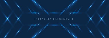 Koyu mavi geniş, soyut, mavi neon çizgileri olan yatay teknoloji afişi. Vektör illüstrasyonu