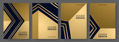 Siyah ve altın rengi 3D soyut modern dikey poster vektörü seti. Broşür, kitap, el ilanı, poster, arkaplan afişi, yıllık rapor sunumu için A4 çözünürlüklü geometrik arkaplan zarif tasarımı.