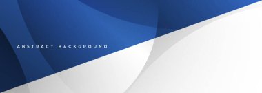 Beyaz ve mavi soyut geniş afiş, daireler ve geometrik eğri şekilli. Koyu mavi ve beyaz soyut arka plan. Vektör illüstrasyonu