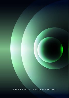 Soyut koyu yeşil dikey arkaplan ve eğimli daire şekilleri. 3D küreli canlı renkli kapak tasarımı şablonu. Vektör illüstrasyonu