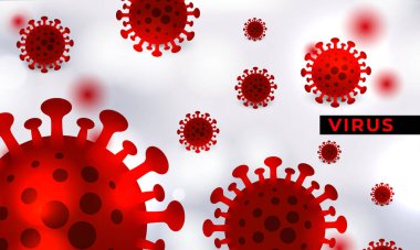 Virüs bakteri hücreleri pankartı. Kırmızı ve beyaz vektör tıbbi arka plan. Virüs bakterilerine neden olan hastalık. Vektör illüstrasyonu