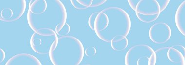 Geniş arkaplanda mavi renkli sabun köpükleri. Vektör illüstrasyonunda gerçekçi 3d şeffaf baloncuklar geniş afiş.