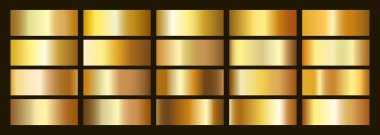 Altın gradyanlar belirlendi. Metalik altın renk derecelendirme vektör arkaplan koleksiyonu.
