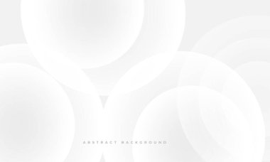 Beyaz soyut modern geometrik arka plan ve daireler. Yumuşak gri renkte, mermilerle minimalist kompozisyon. Çember efekti beyaz ve gri vektör çizimi