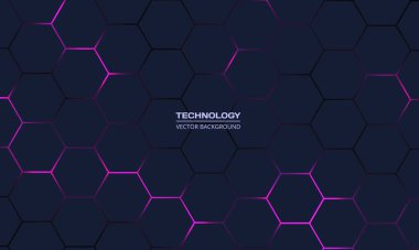 Altıgen altında pembe ve mor renkli parlak parıltılarla donatılmış koyu altıgen soyut teknoloji arka planı. Altıgen oyun vektörü soyut teknik arkaplan.