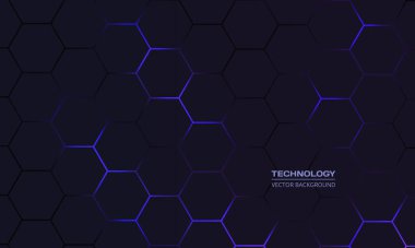 Karanlık altıgen soyut teknoloji arka planı. Altıgen altında mavi parlak ışıklar var. Altıgen oyun vektörü soyut teknik arkaplan.