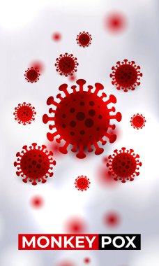 Mpox salgını ilanı. Dikey arkaplanda vektör maymun çiçeği virüsü hücreleri.