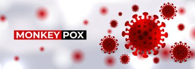 Monkeypox virus cells on white sciense background. Mpox microbiological wide vector banner. Monkey pox horizontal illustration clipart