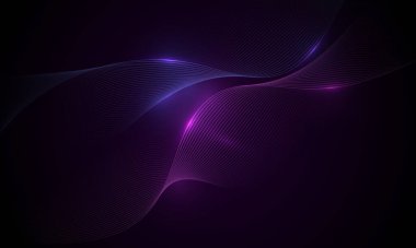 Parlak mavi ve pembe dalgalı çizgileri olan karanlık soyut teknoloji arka planı. Pembe ve mavi parçacık çizgili dijital yüksek teknoloji vektör çizimi. Vektör illüstrasyonu