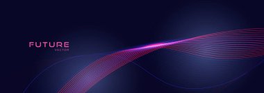Soyut teknolojinin koyu mavi arka planında parlak mavi ve pembe dalgalı çizgiler. Dinamik çizgili dalga çizgileri olan dijital yüksek teknolojili vektör çizimi