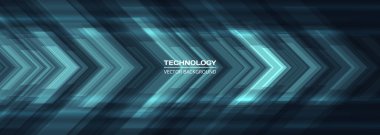 Karanlık fütüristik arka planda mavi teknolojili oklar. Yüksek hızlı hareket kavramı dinamik hareket mavi yüksek teknolojili dijital oklar. Pankart veya poster tasarımı için teknoloji vektör illüstrasyonu.