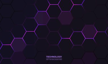 Altıgen altında mor ve pembe renkli parlak parıltılarla donatılmış koyu altıgen soyut teknoloji arka planı. Altıgen oyun vektörü soyut teknik arkaplan.